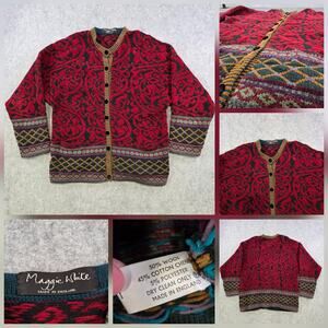 Maggie White Sweater Womens L? Red Paisley Knit Cardigan Boho Pockets England